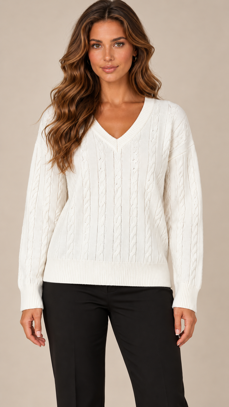 Marit Cable V-Neck Sweater — White model front
