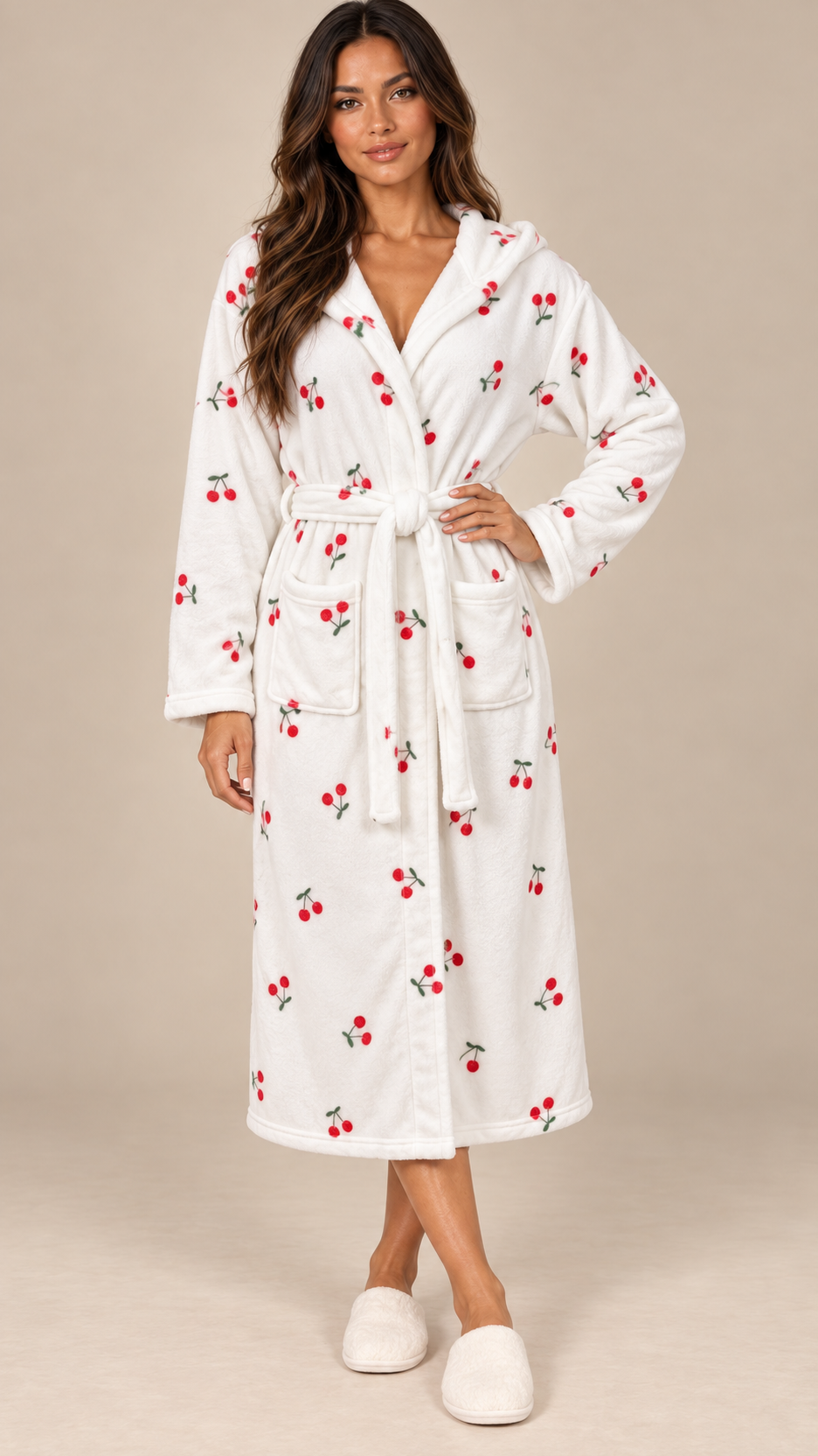 Clementine Cherry Hooded Robe — White model front