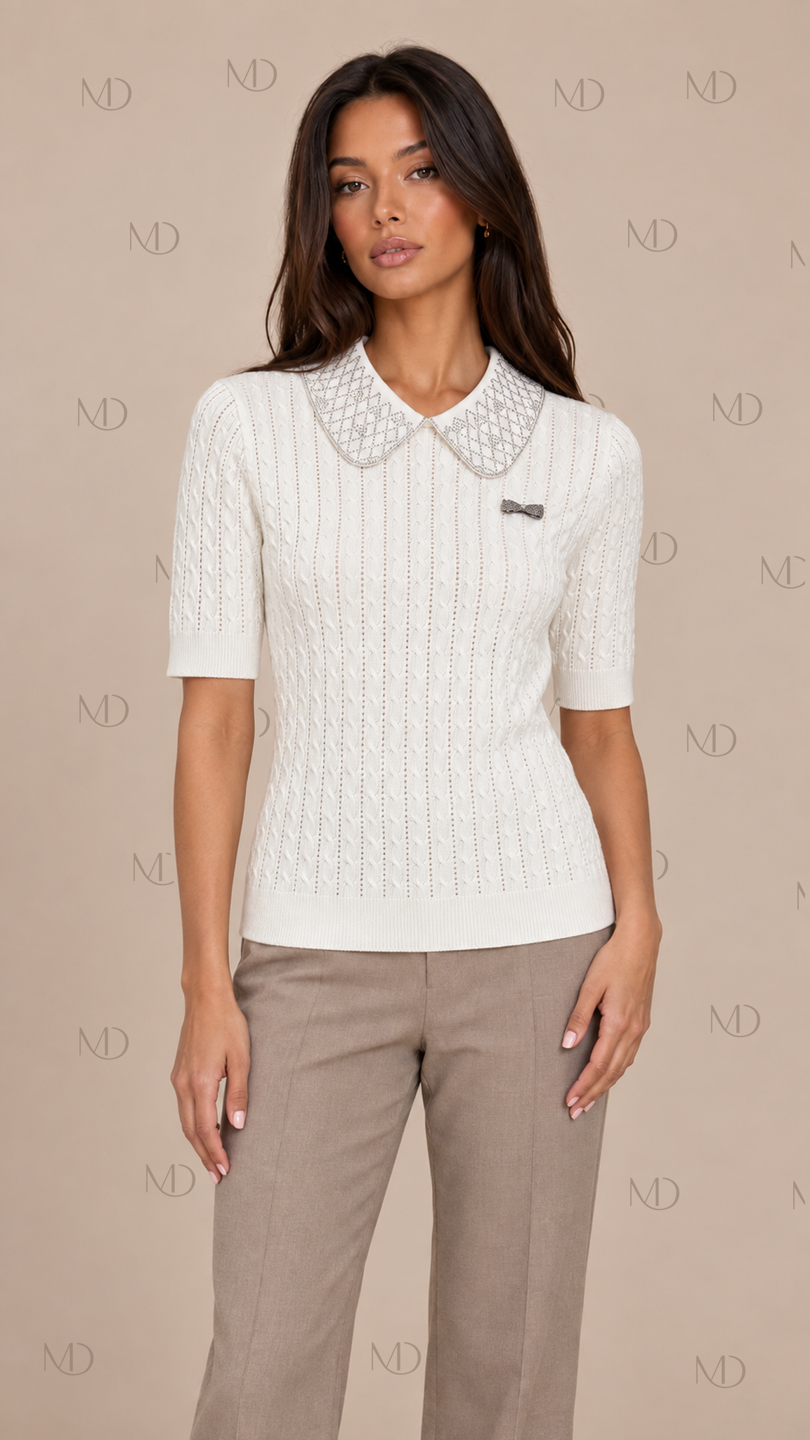Ines Beaded Collar Knit Top — White model front
