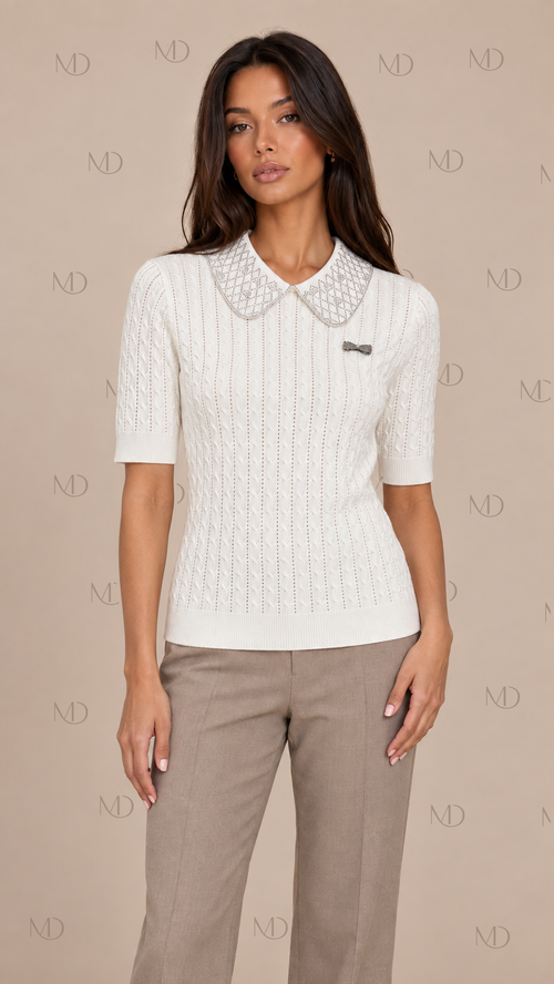 Ines Beaded Collar Knit Top — White model front
