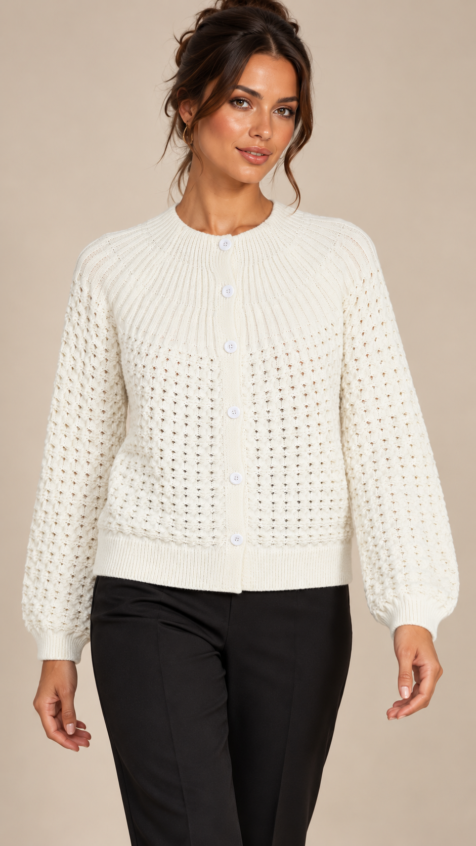 Astrid Honeycomb Cardigan — White model front