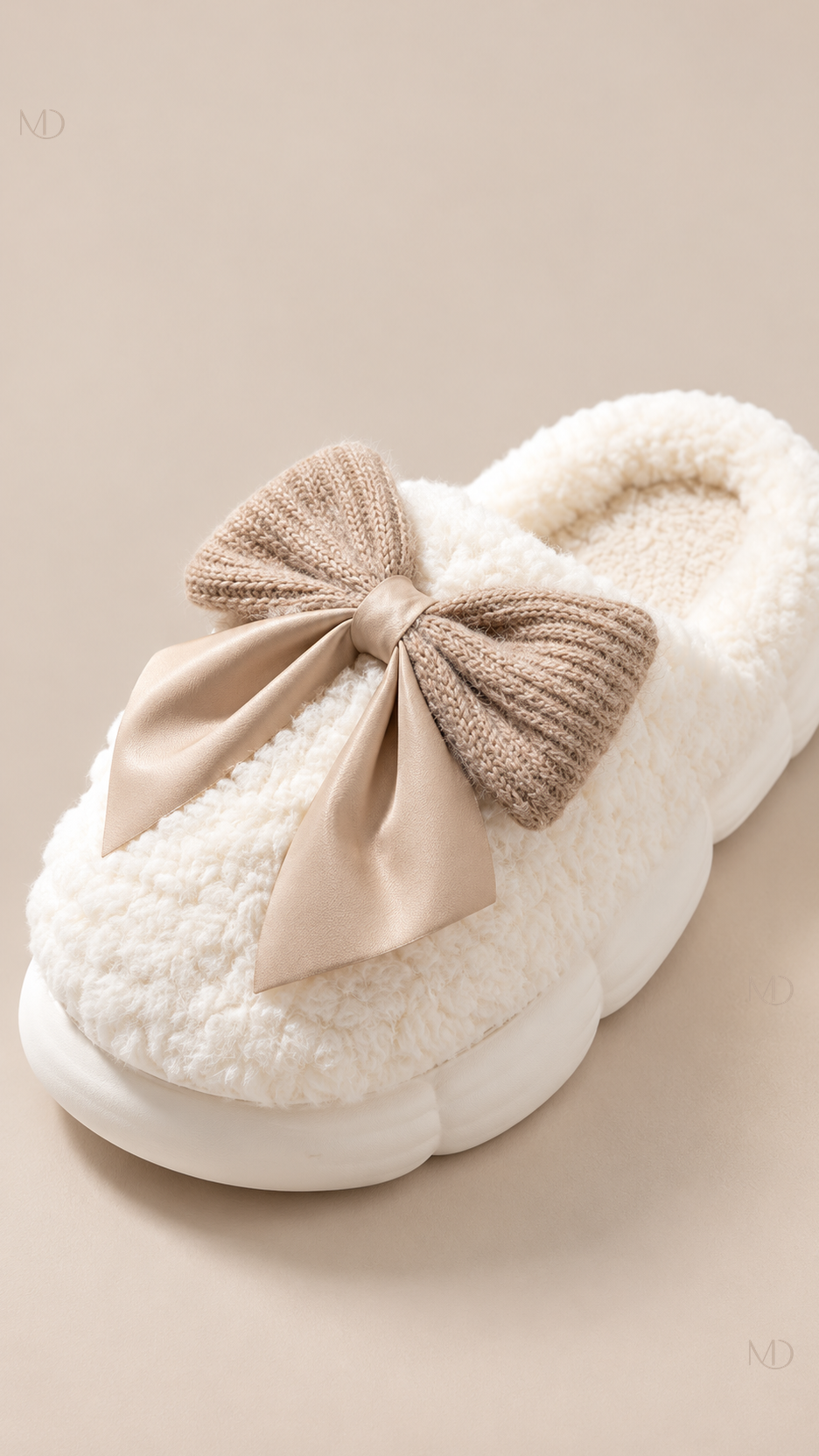 Primrose Bow Plush Slippers — White shoe detail