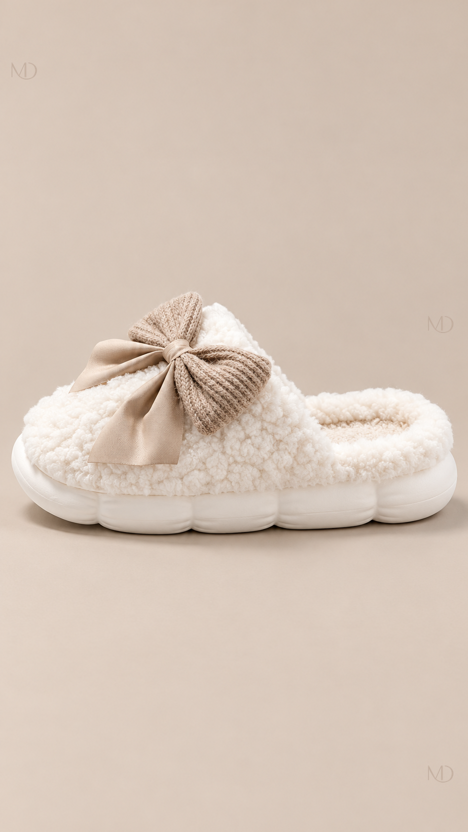 Primrose Bow Plush Slippers — White shoe side