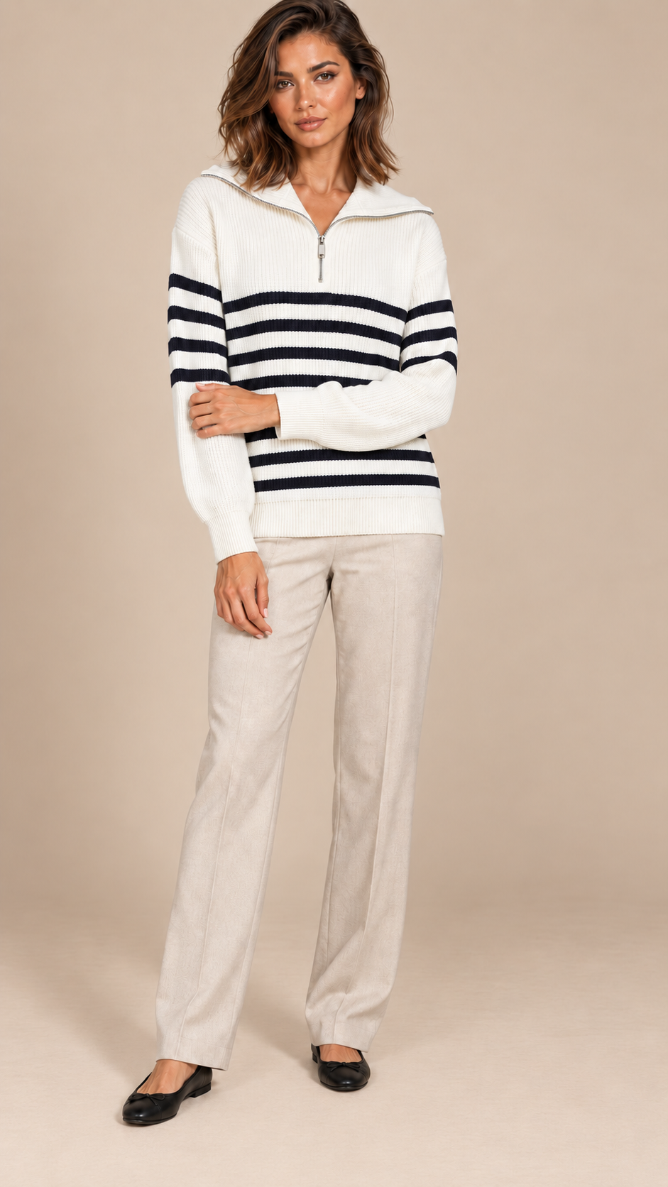 Isadora Half-Zip Sweater — White stripes model front