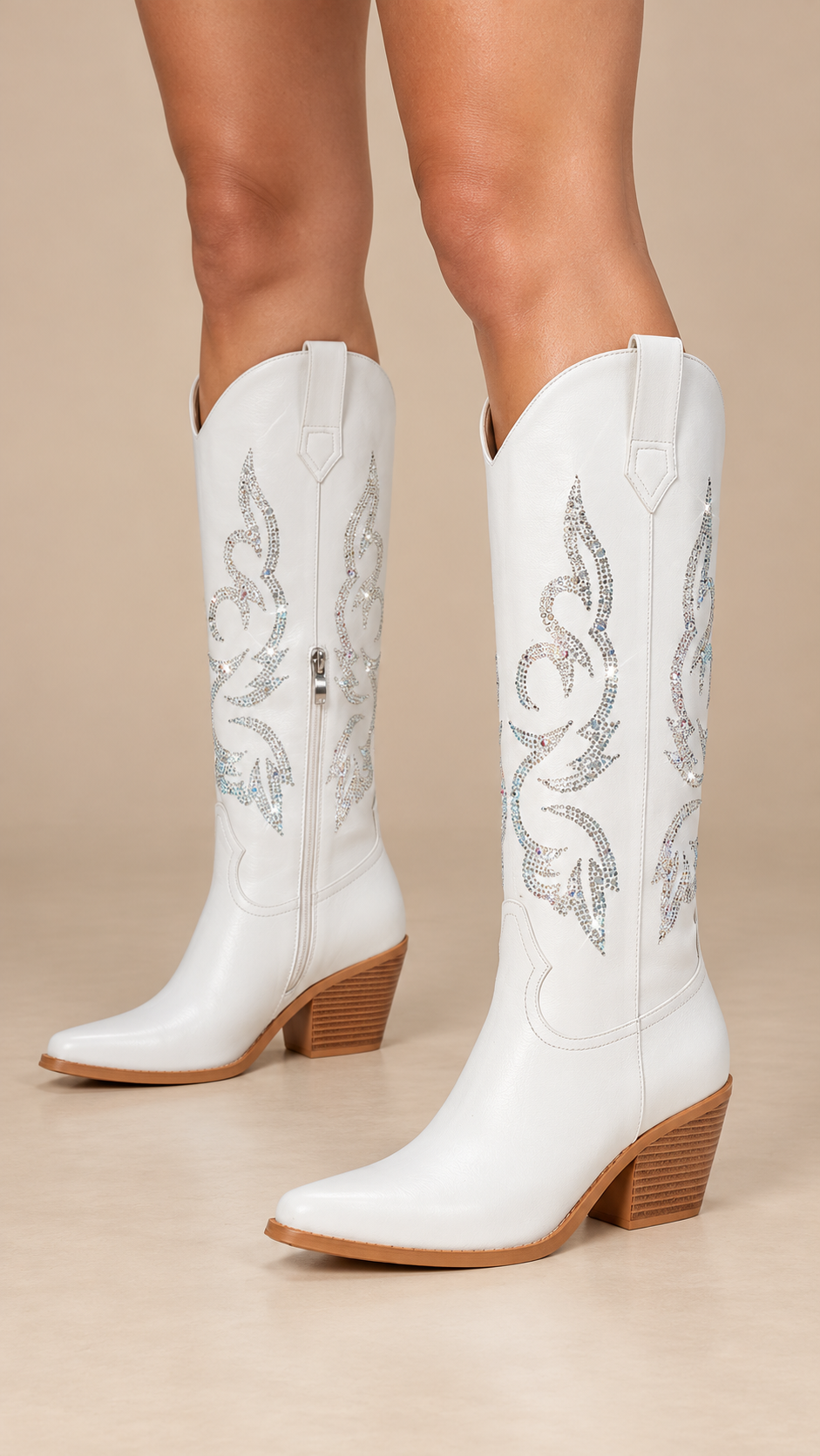 Marisol Rhinestone Western Boot — White worn closeup