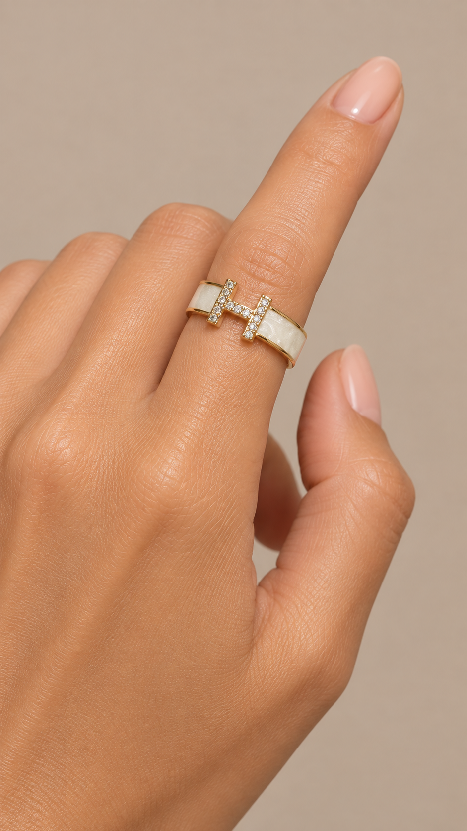 Hazel Enamel H Ring — White worn closeup