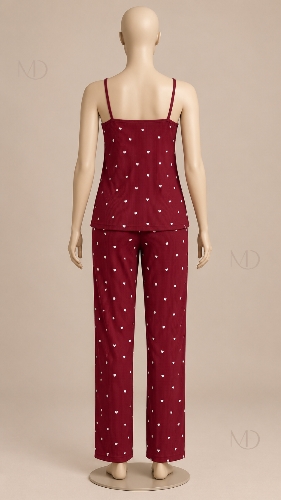 Fiammetta Heart-Dot Cami Pajamas — Wine red mannequin back