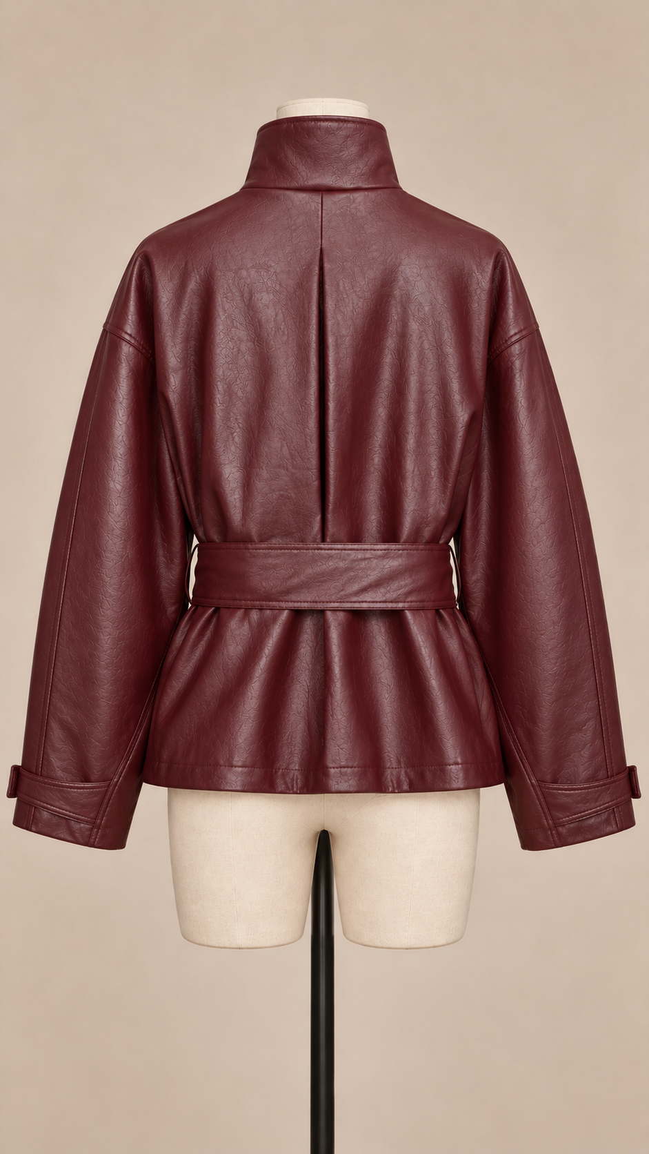 Vivienne Belted Moto Jacket — Wine red mannequin back
