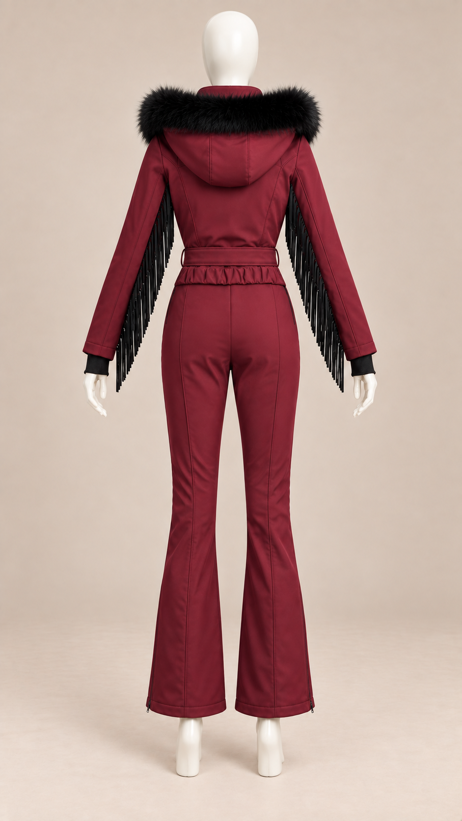 Aspen Fringed Ski Suit — Wine red mannequin back