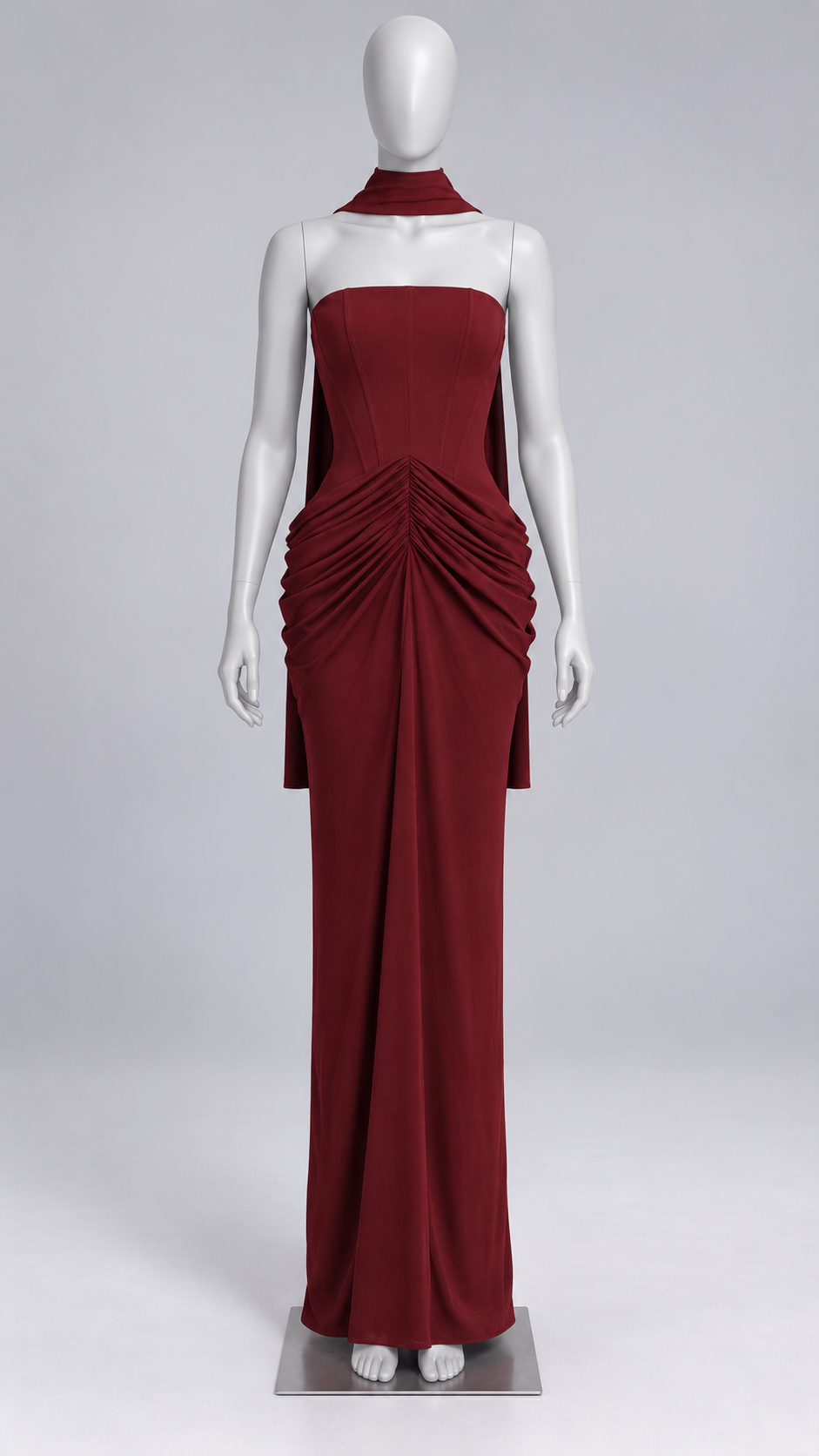 Clementia Ruched Maxi — Wine red mannequin front