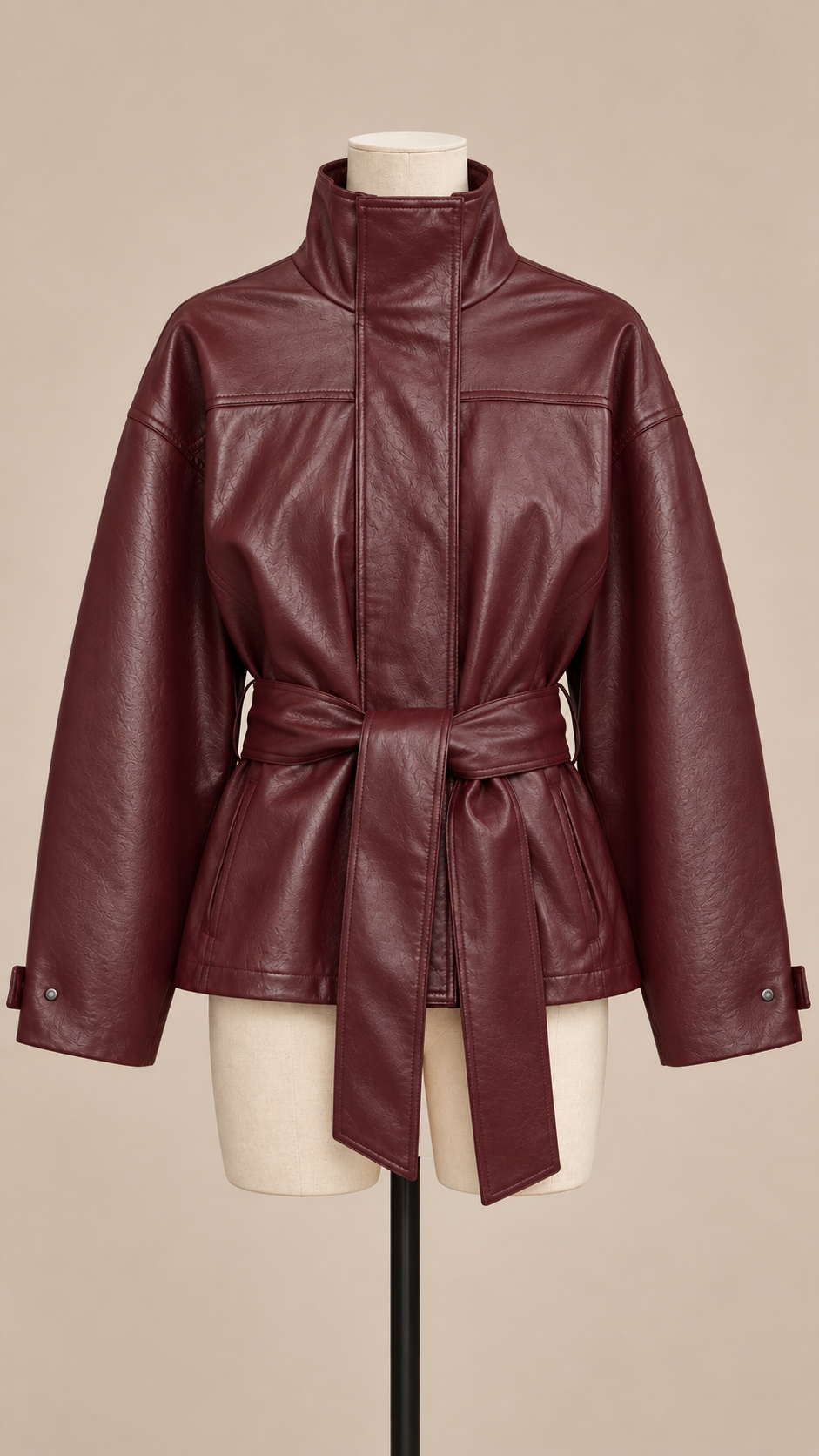 Vivienne Belted Moto Jacket — Wine red mannequin front