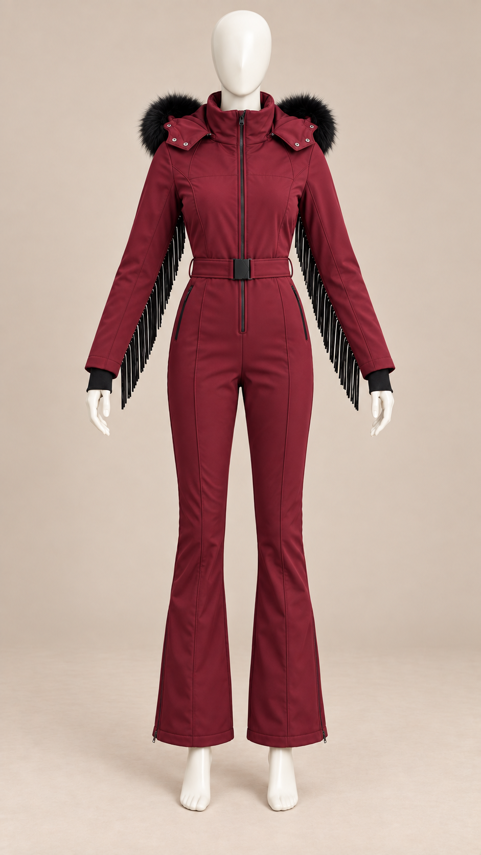 Aspen Fringed Ski Suit — Wine red mannequin front