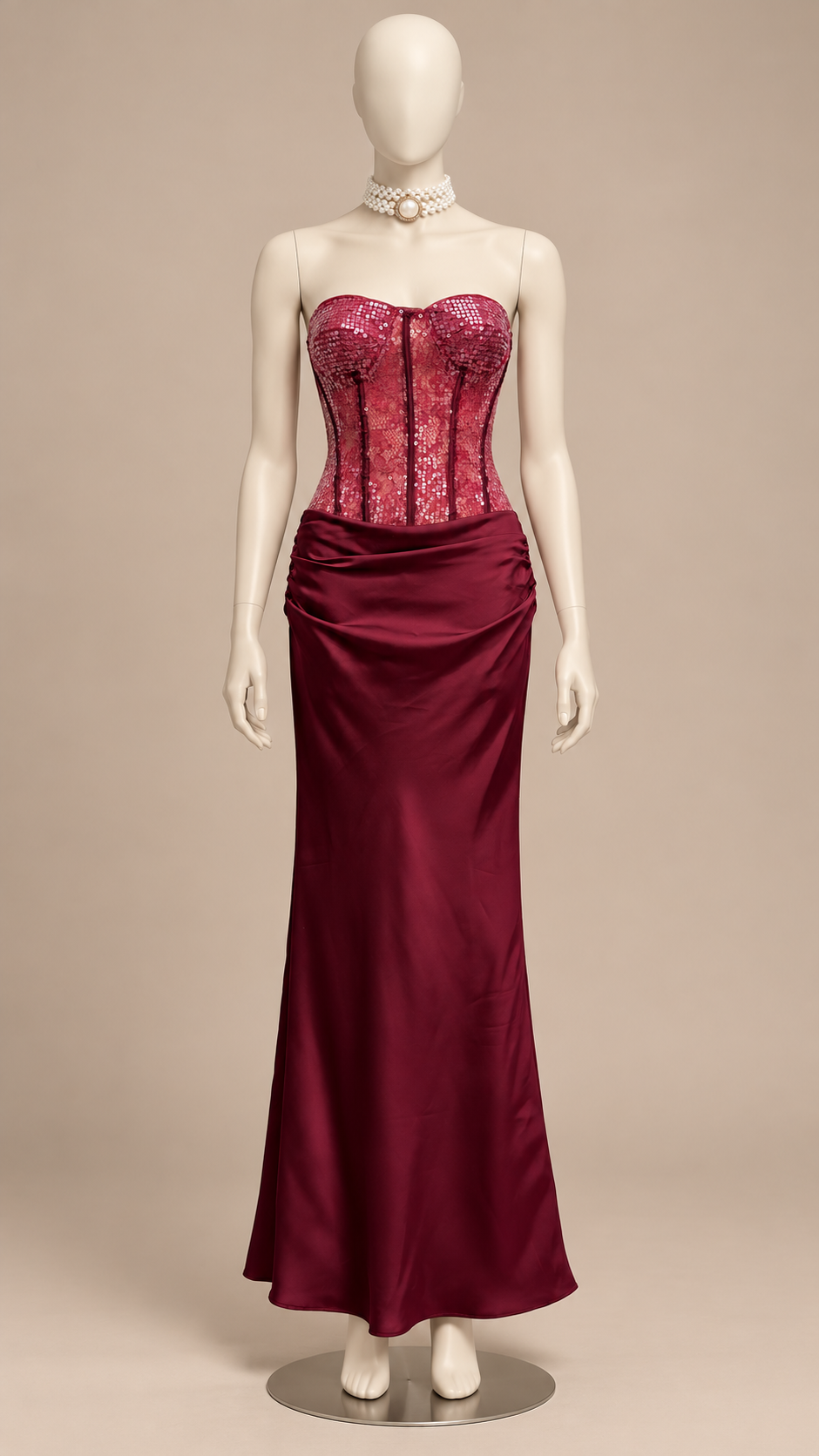 Aurora Sequin-Bustier Maxi — Wine red mannequin front