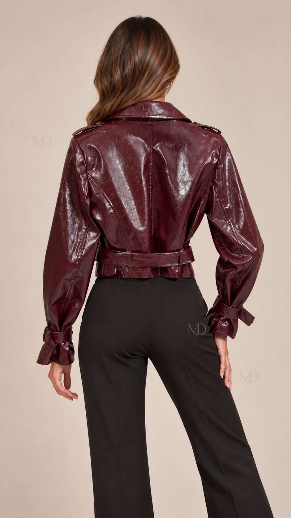 Sloane Cropped Moto Jacket — Wine red model back