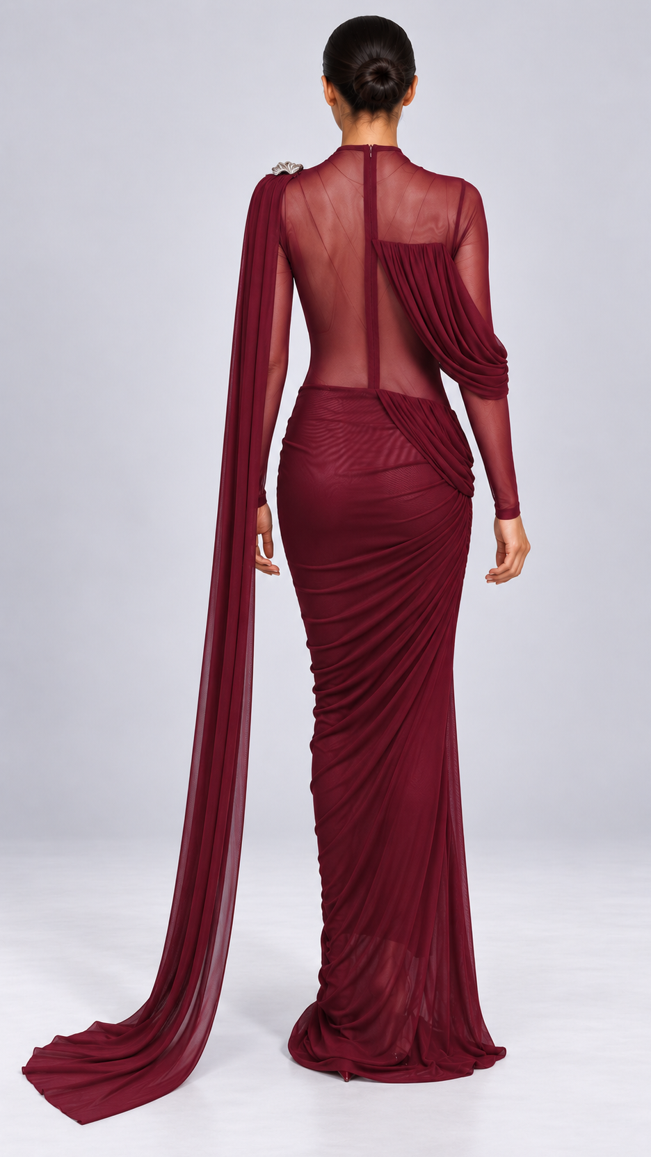 Lavinia Drape-Sash Maxi — Wine red model back