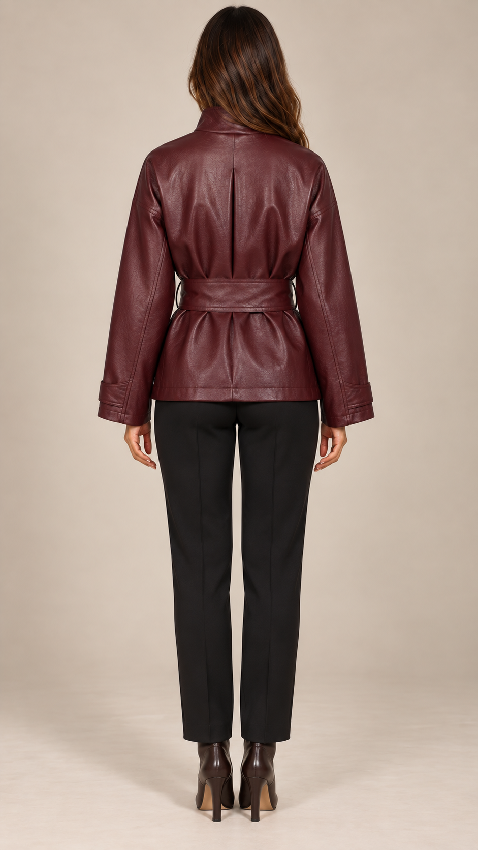 Vivienne Belted Moto Jacket — Wine red model back