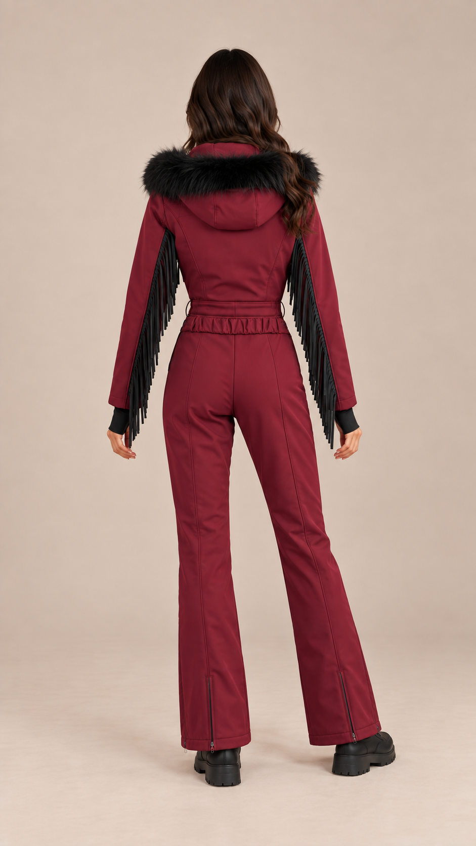 Aspen Fringed Ski Suit — Wine red model back