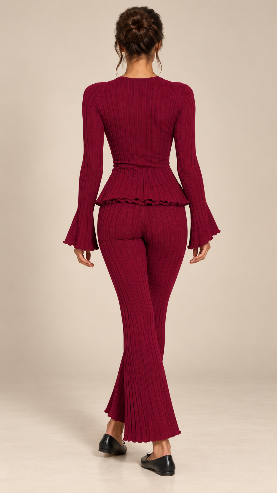 Pascaline Bell-Sleeve Set — Wine red model back