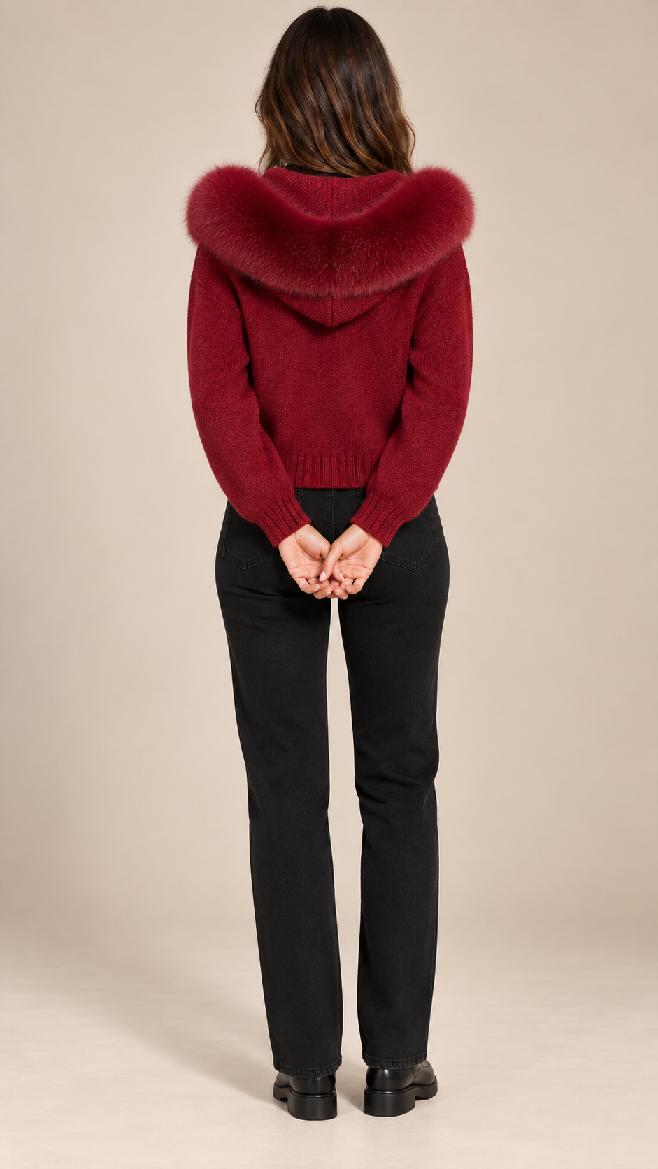 Sable Fox-Collar Cardigan — Wine red model back