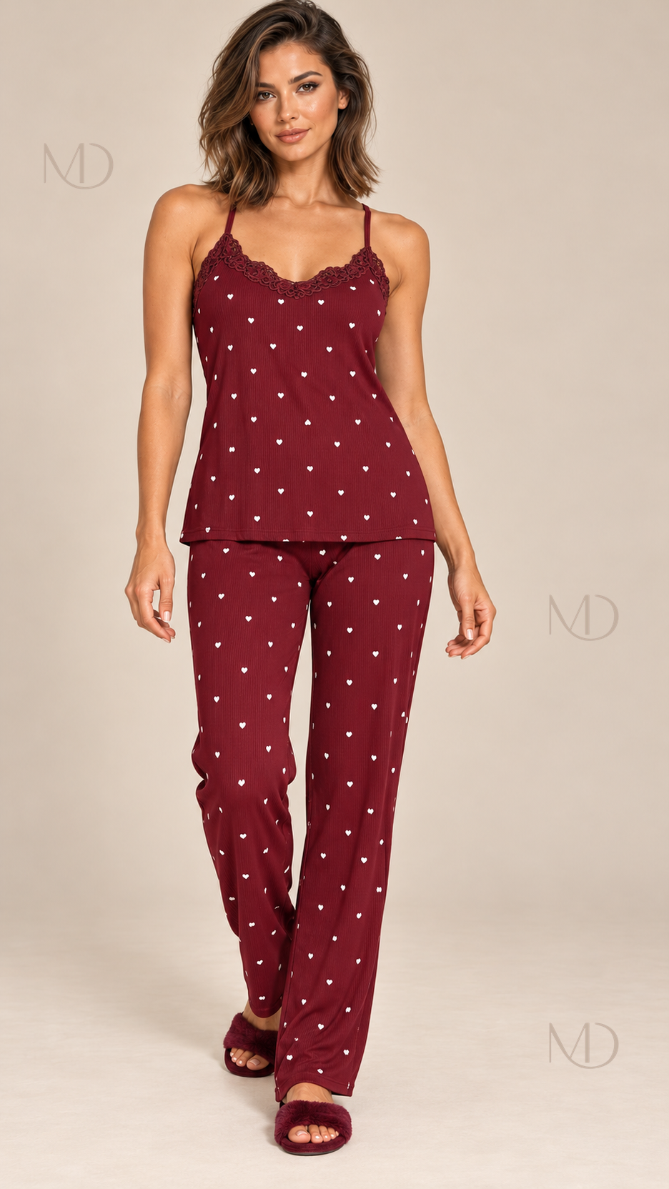 Fiammetta Heart-Dot Cami Pajamas — Wine red model front