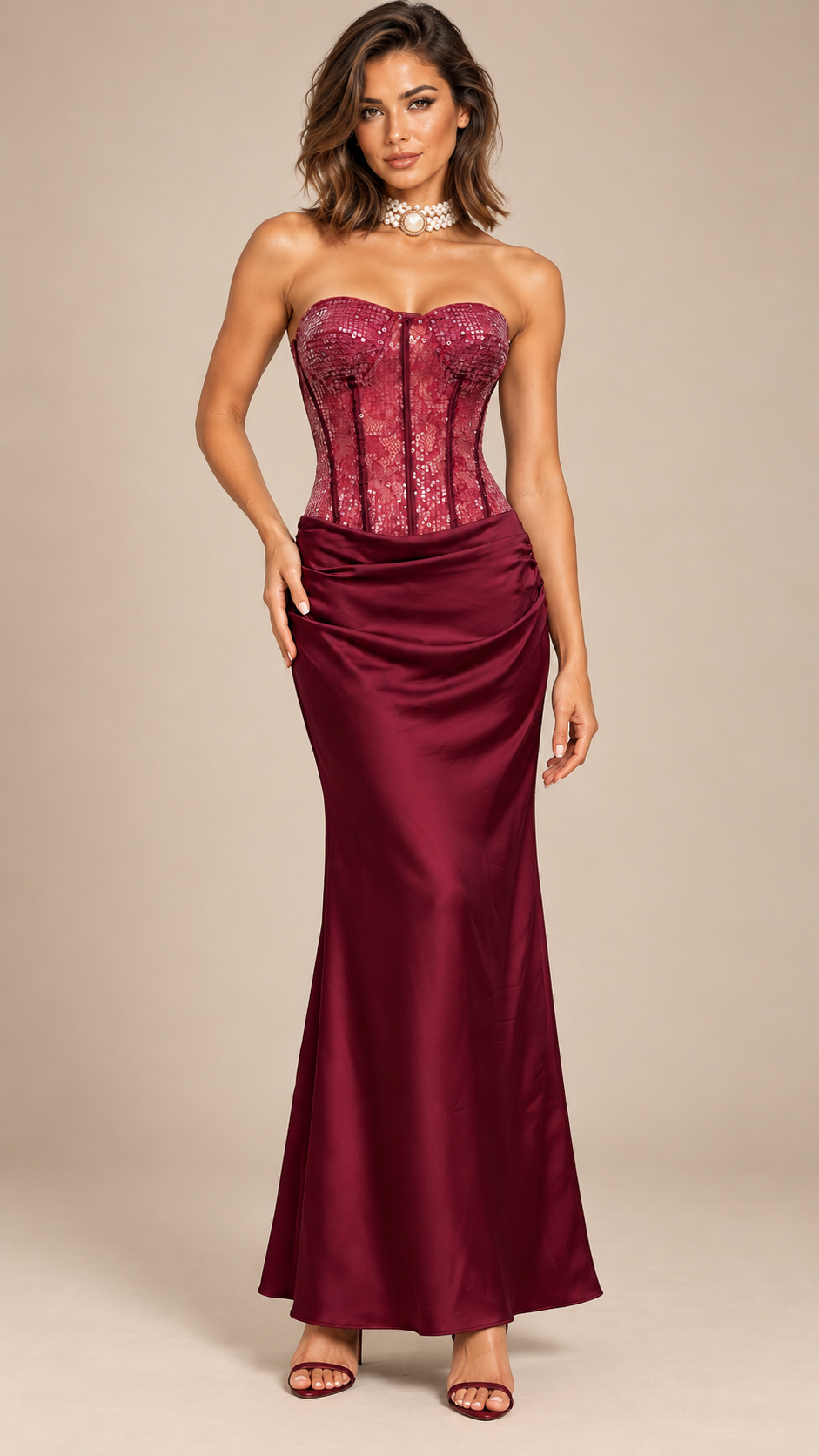 Aurora Sequin-Bustier Maxi — Wine red model front