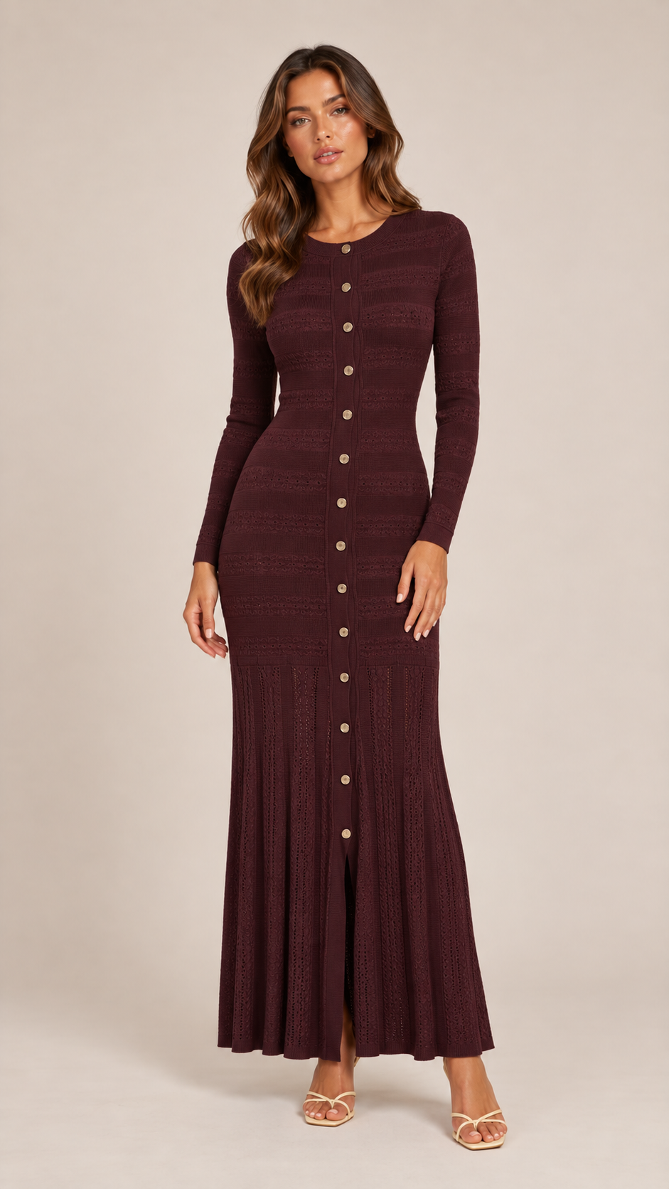 Noemi Ribbed Knit Maxi Dress — Wine red model front