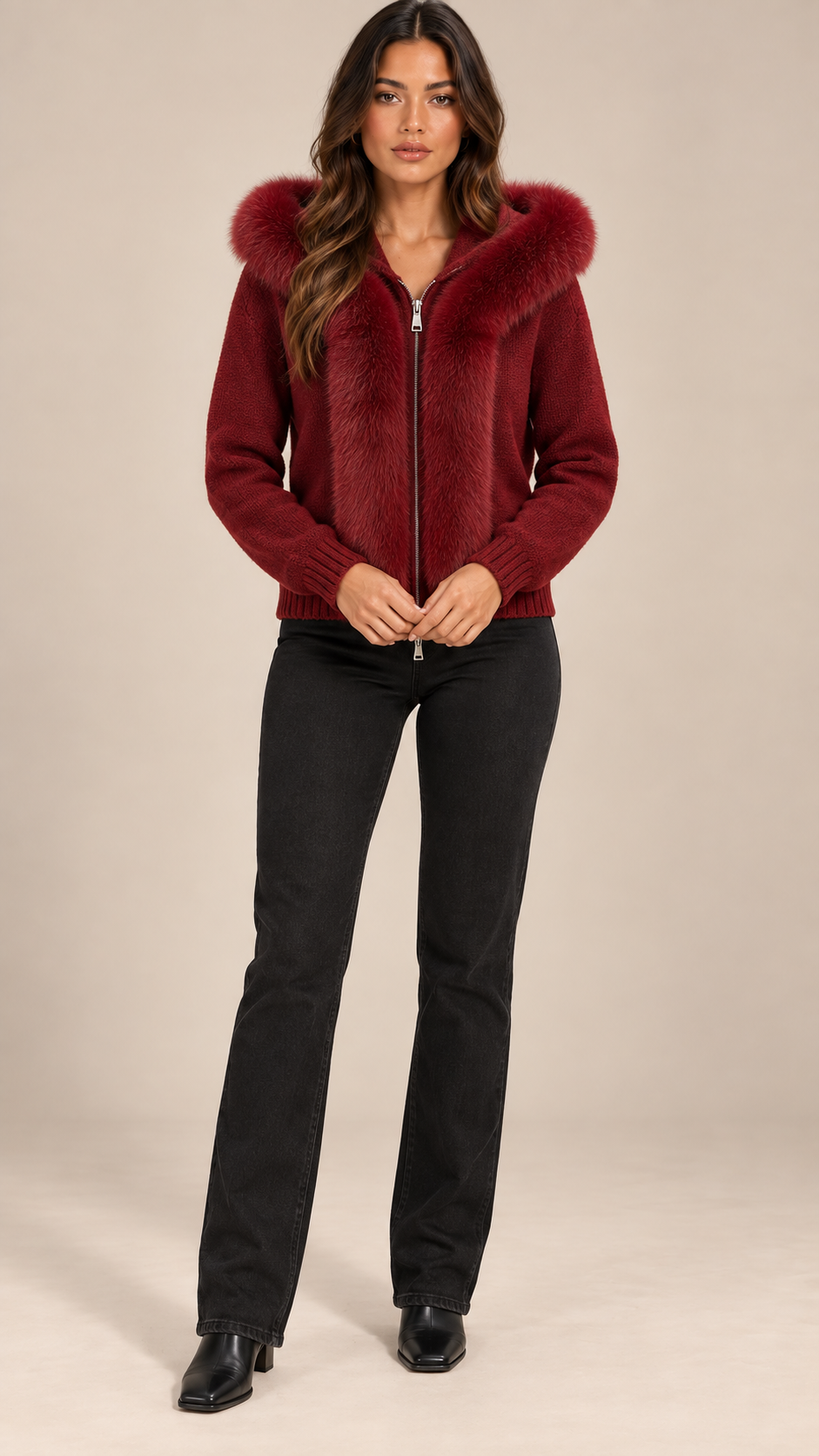 Sable Fox-Collar Cardigan — Wine red model front