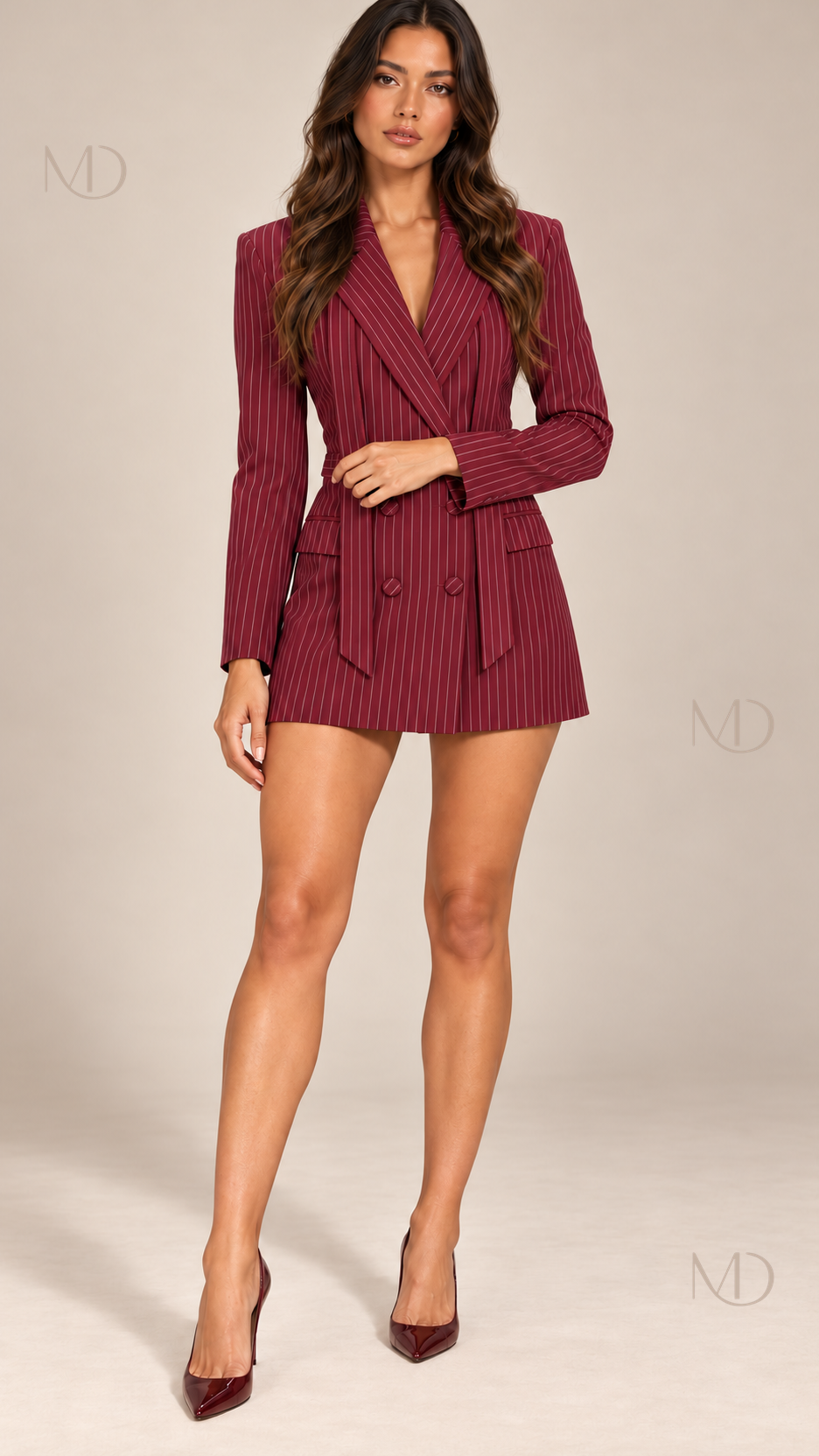 Genevieve Tie-Back Blazer — Wine red model front