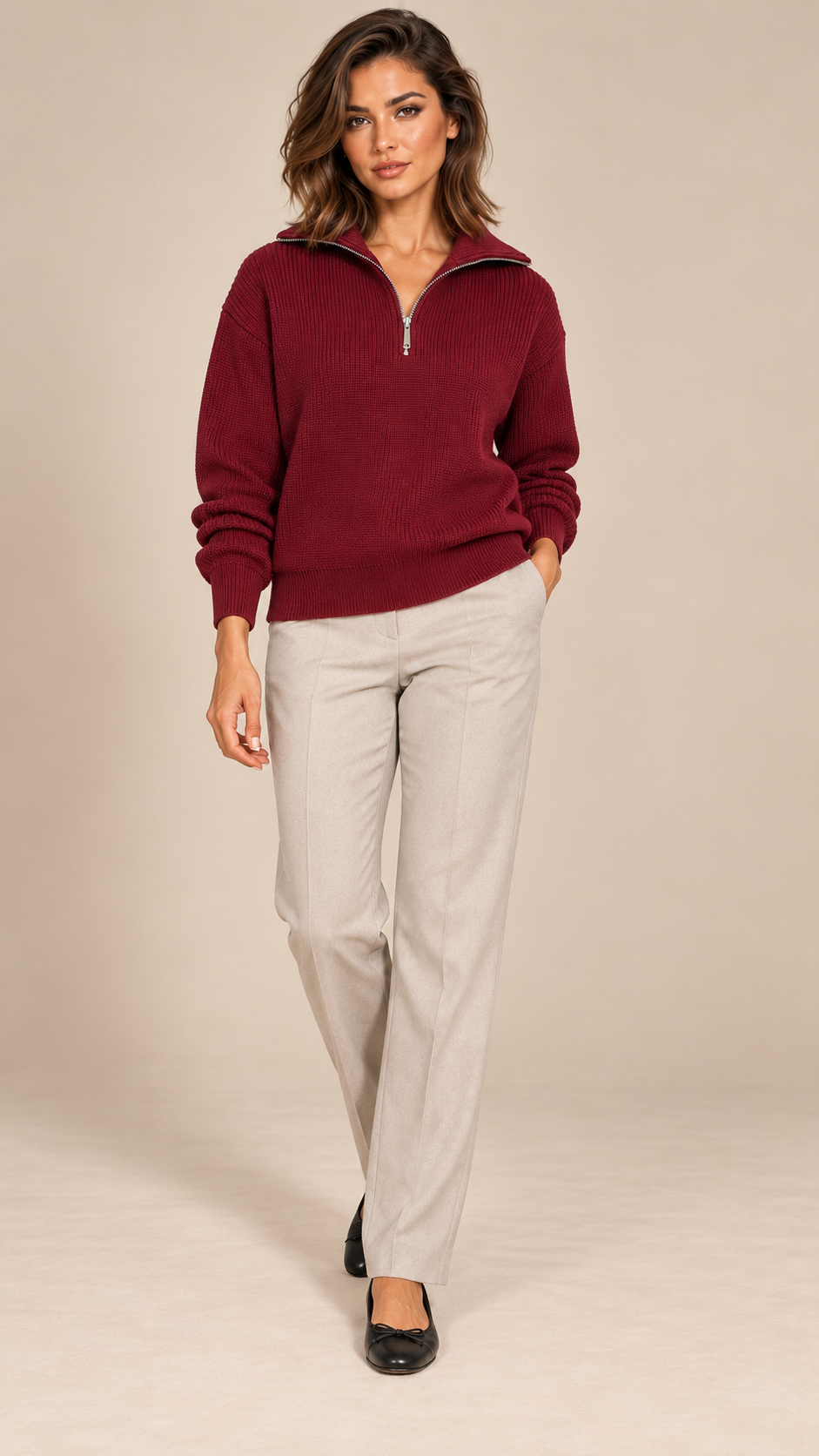 Isadora Half-Zip Sweater — Wine red model front