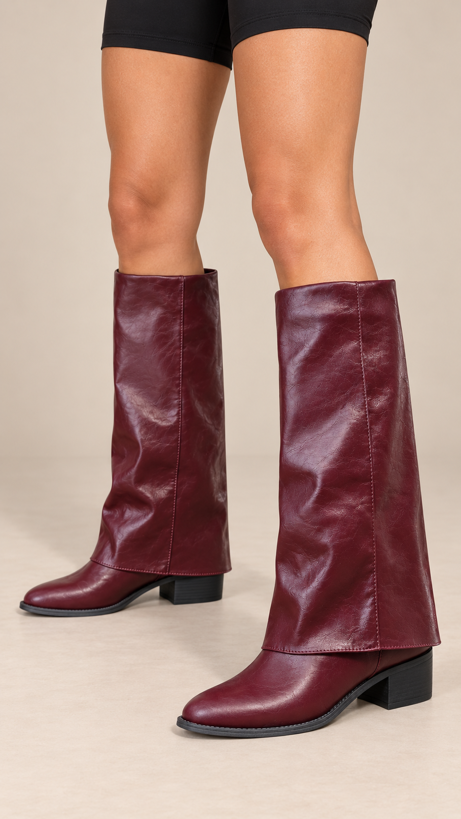 Brigitte Foldover Boots — Wine red worn closeup