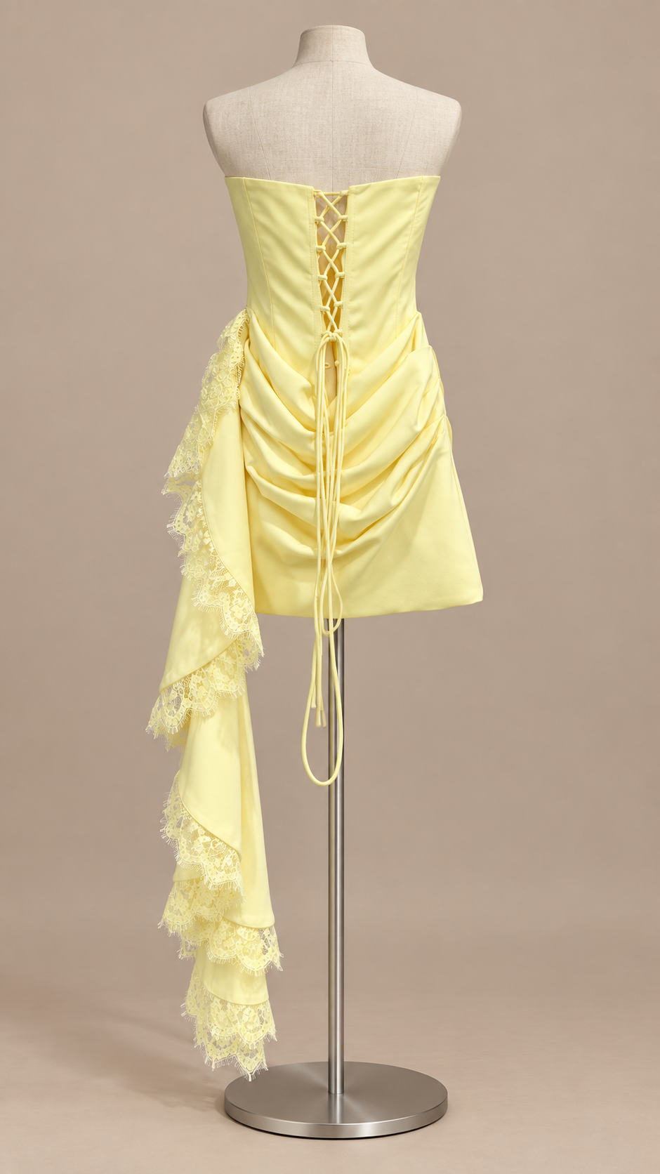 Elodie Draped Sash Mini Dress — Yellow mannequin back