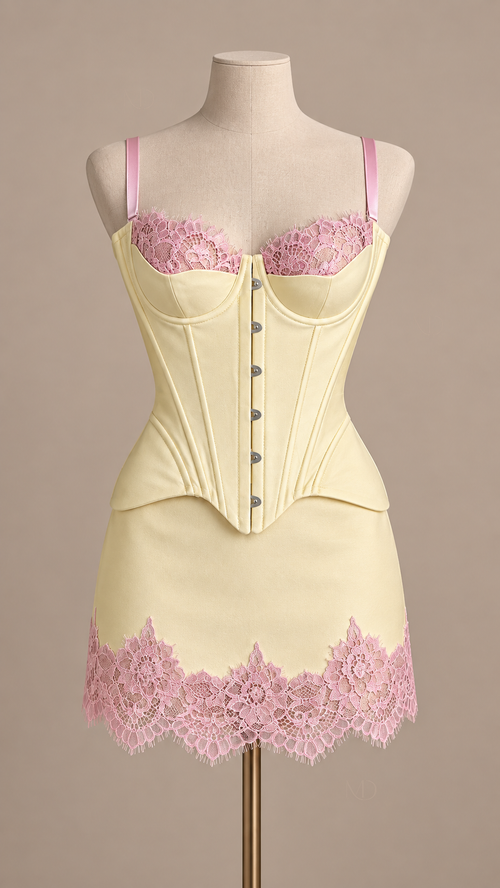 Lumi Lace Corset Skirt Set — Yellow mannequin front
