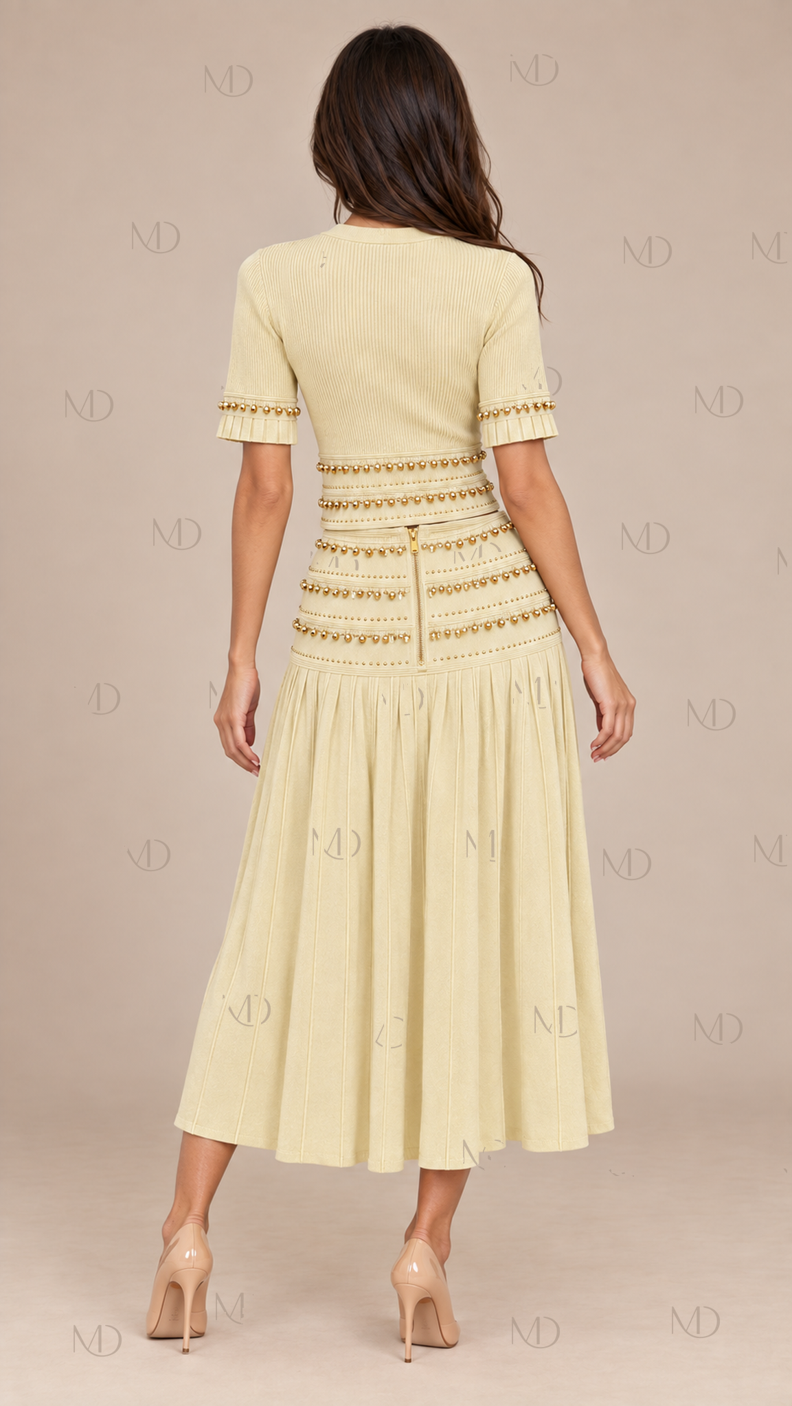 Seraphine Beaded Knit Skirt Set — Yellow model back
