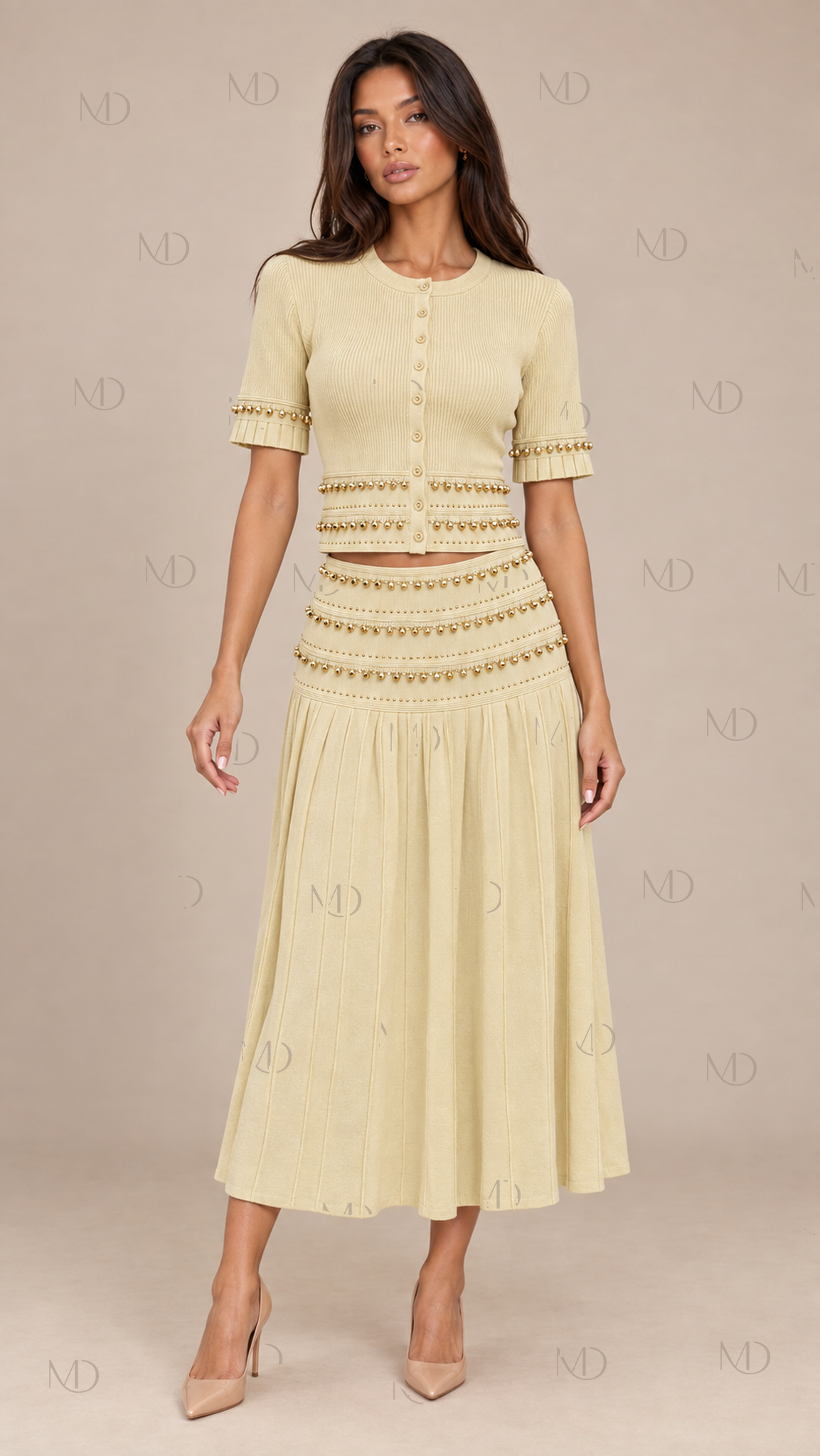 Seraphine Beaded Knit Skirt Set — Yellow model front