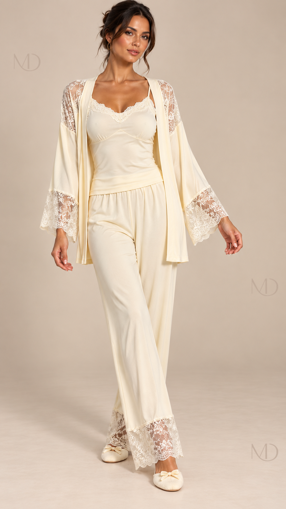 Fabiola Lace-Trim Pajama Set — Yellow model front