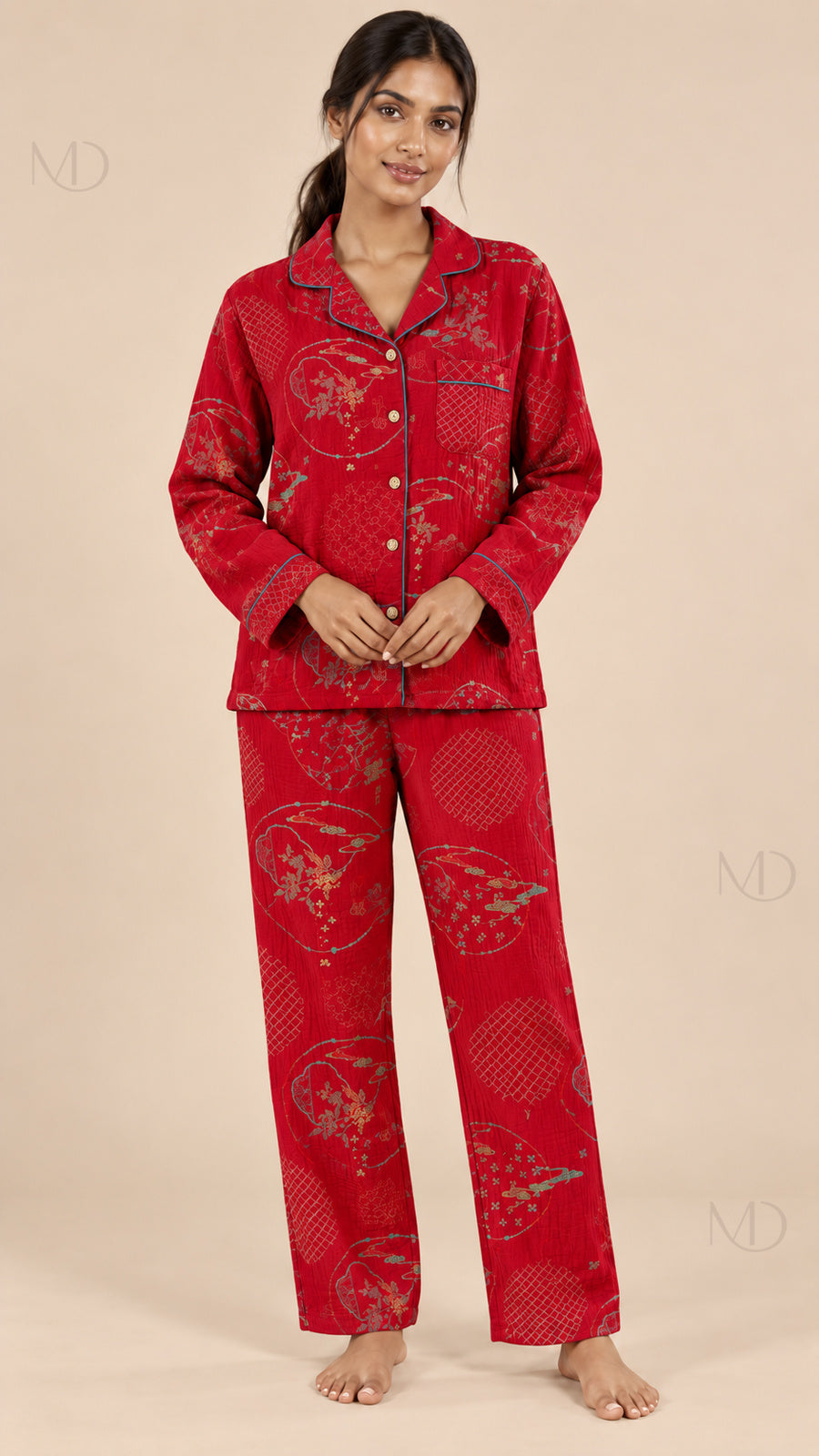 Yuki Gauze Pajama Set red model front
