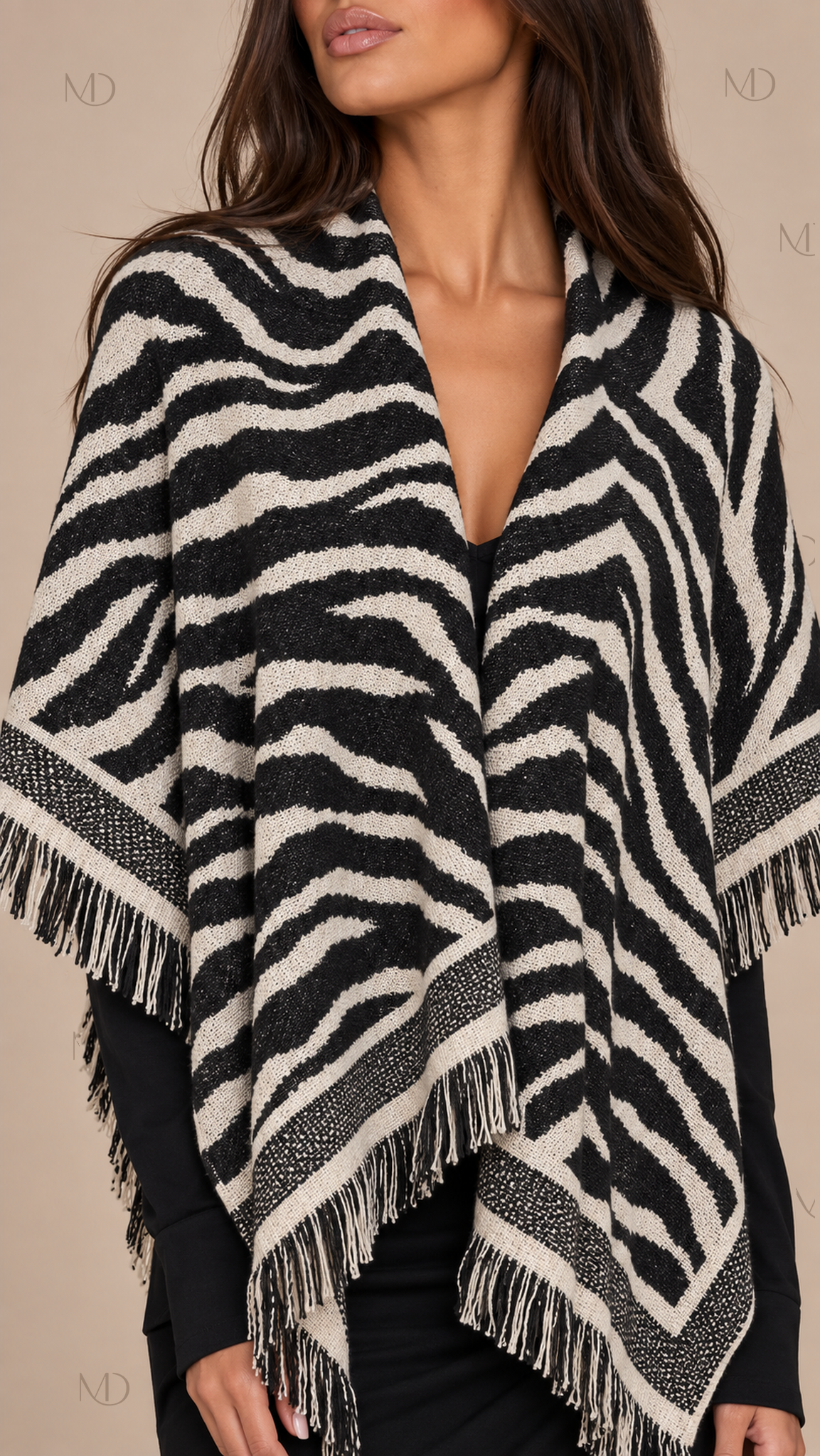 Odette Jacquard Shawl Cape — Zebra Print Black worn closeup