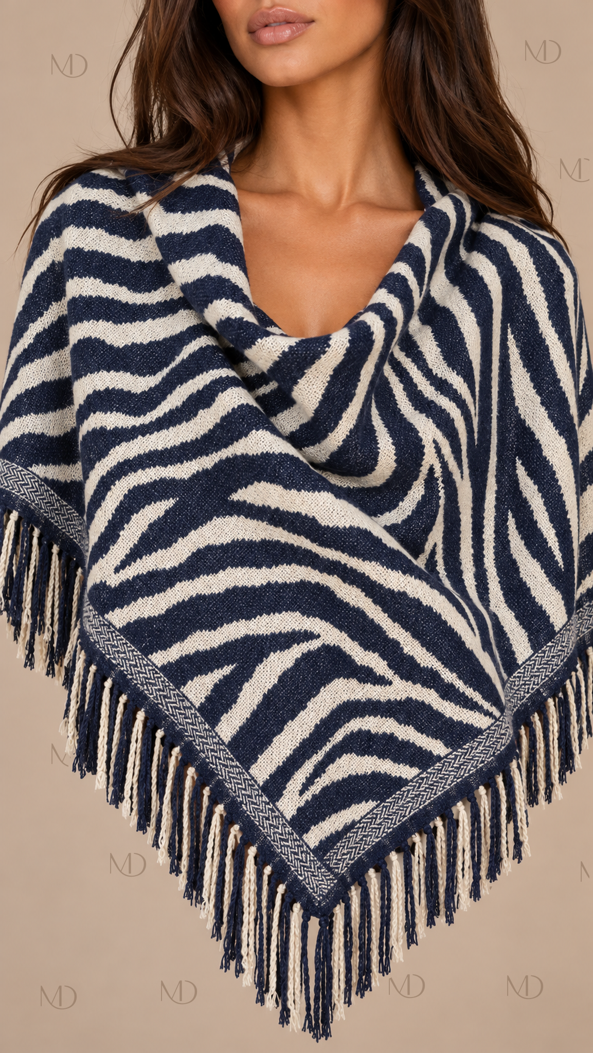 Odette Jacquard Shawl Cape — Zebra Print Blue worn closeup